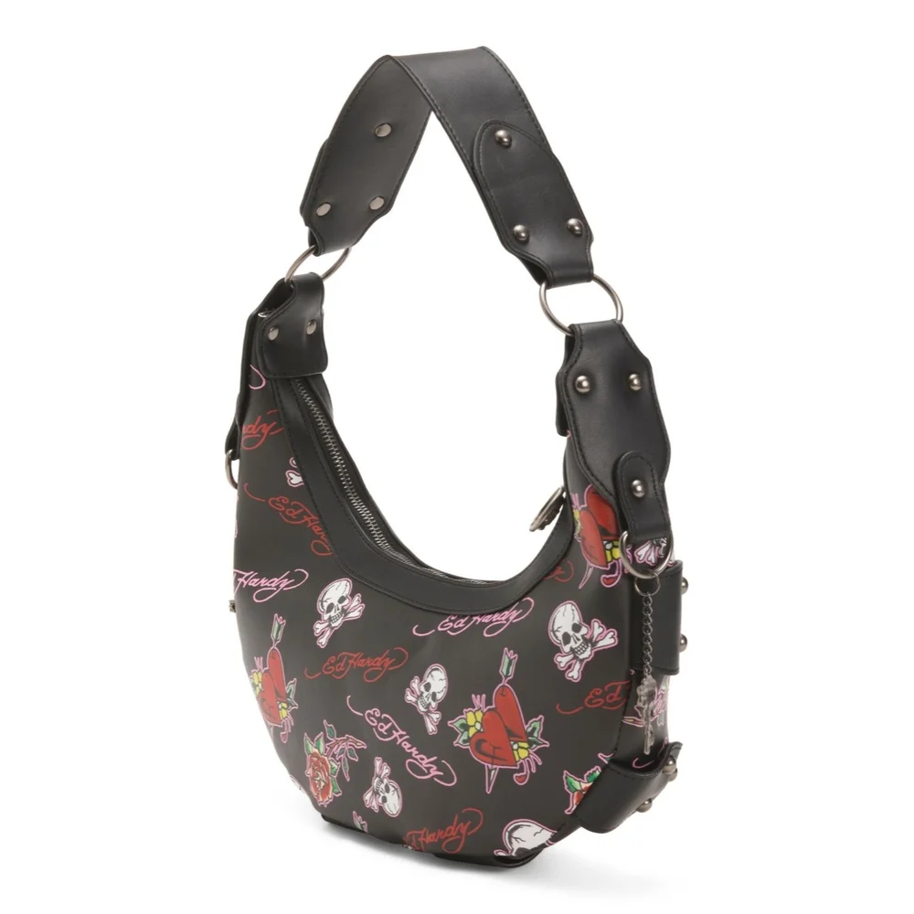 Ed Hardy Black Hobo Bag with Skull Design